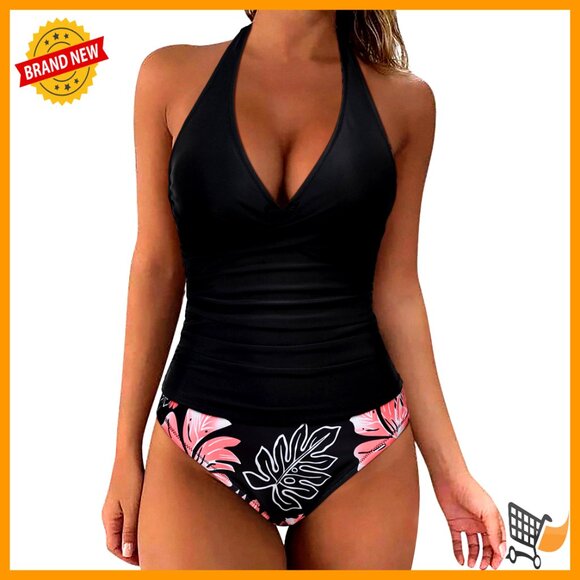 Sexy Halter Tankini Swimsuit Slimming Tummy Control High Waisted Two Piece